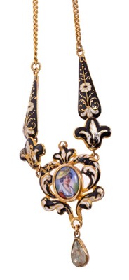 Lot 517 - Early/mid 19th century Swiss gold and enamel necklace with foil backed pear shape stone drop suspended from a finely enamelled plaque depicting a portrait of a young lady, with black and white enam...