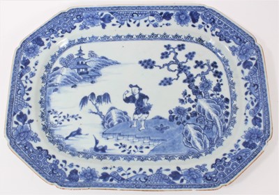 Lot 137 - Chinese blue and white porcelain platter, 18th century, decorated with a figure standing on an island by a rocky outcrop, 35cm across