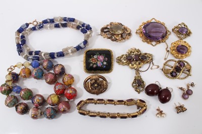 Lot 174 - Group of Victorian and later gem set brooches, purple stone bracelet, pairs of earrings and two vintage glass bead necklaces