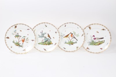 Lot 138 - Good set of four 19th century English porcelain plates, each polychrome enamelled with birds and insects, with gilt patterned borders, 26cm diameter