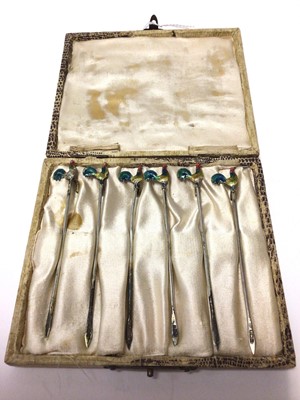 Lot 388 - Set of six George V silver and enamel cocktail sticks, the terminals in the form of Cockerels, (Birmingham 1927), maker A.S., in original fitted case, each 8.5cm in length.