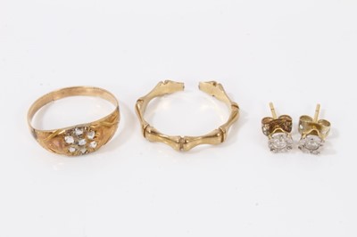 Lot 107 - Victorian yellow metal diamond cluster ring, pair diamond stud earrings and 9ct gold bamboo style ring