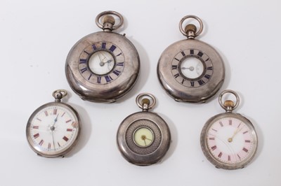 Lot 114 - Two silver cased half hunter pocket watches and three silver fob watches