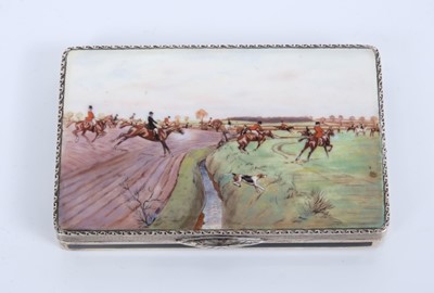 Lot 442 - Fine silver and enamel box decorated with a hunting scene to the lid