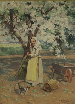 Lot 1273 - Ferdinand E Grone (1848-1920) oil on canvas, figure under a fruit tree, signed, gilt frame  
NB: Ferdinand E Grone ran an art school in Colchester