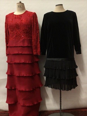 Lot 2121 - Designer Tomasz Starjewski selection of ladies clothing including black velvet cocktail dress with tiers pleaded chiffon, heavily beaded evening dresses, two dress suits, a skirt suit and a grey wo...