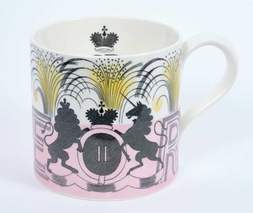Lot 45 - The Coronation of H.M.Queen Elizabeth II 1953, scarce Eric Ravilious designed Wedgwood Souvenir mug with stylised Royal Arms , ER and 1953, marks to base 10.4cm high, 10.6cm diameter