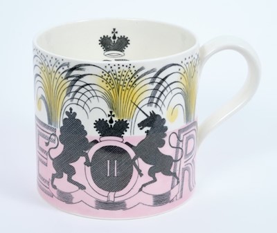 Lot 45 - The Coronation of H.M.Queen Elizabeth II 1953, scarce Eric Ravilious designed Wedgwood Souvenir mug with stylised Royal Arms , ER and 1953, marks to base 10.4cm high, 10.6cm diameter