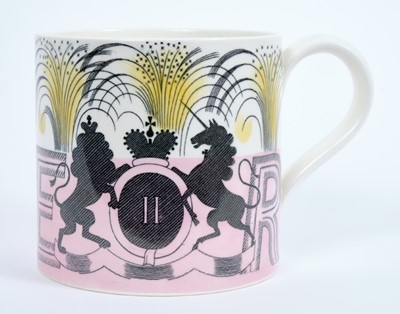 Lot 45 - The Coronation of H.M.Queen Elizabeth II 1953, scarce Eric Ravilious designed Wedgwood Souvenir mug with stylised Royal Arms , ER and 1953, marks to base 10.4cm high, 10.6cm diameter