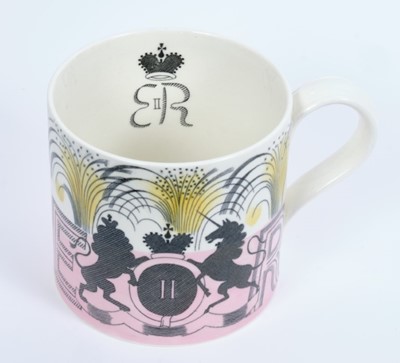Lot 45 - The Coronation of H.M.Queen Elizabeth II 1953, scarce Eric Ravilious designed Wedgwood Souvenir mug with stylised Royal Arms , ER and 1953, marks to base 10.4cm high, 10.6cm diameter