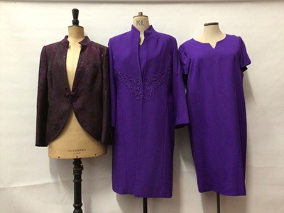 Lot 2124 - Designer Claire Thorogood clothing including green lace dress suit, evening jackets, dress suit etc, two Hardy Amies evening dresses.