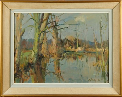 Lot 1270 - *Edward Wesson RI RBA 1910-1983 - Trees by lake