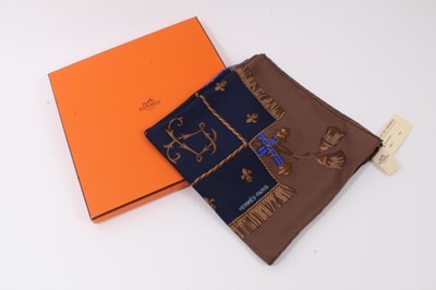 Lot 2128 - Authentic Hermes Silk Scarf La Reale in brown, marine and turquoise, 90cms.  In original Hermes orange box and sale tags.