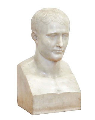 Lot 864 - Manner of Antonio Canova (1757-1822): Fine and impressive 19th century marble bust of Napoleon, on oak stand