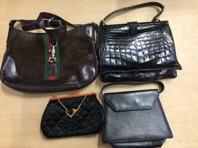 Lot 2131 - Designer Yuki black leather handbag plus a vintage black crocodile skin handbag, evening bag with beaded frame and one other.