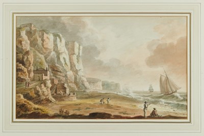 Lot 1201 - Copplestone Warre Bamfylde (1720-1791) watercolour - Fort under cliffs by the shore, apparently unsigned, 24cm x 39.5cm, in glazed gilt frame  
Provenance: The Fine Art Society, April 1965