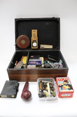 Lot 2467 - Wooden box containing games, silver spoons, whistles, pipes and sundries