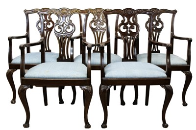 Lot 1323 - Set of five George III style mahogany open armchairs, each with carved top rail and pierced splat back, with slip in seats on carved cabriole legs