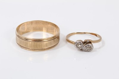 Lot 117 - 9ct gold wedding ring and diamond two stone cross over ring (2)