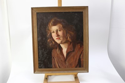 Lot 1263 - Manner of Alan Douglas Davidson, oil on board, head and shoulders portrait of a lady, 52cm x 42cm, framed