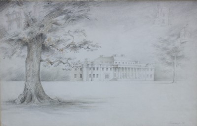 Lot 1159 - William Fielding, 20th century, pencil, pen and sepia ink and wash - A view of Shugborough