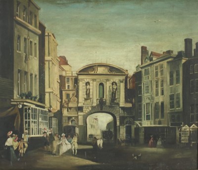 Lot 1165 - Manner of Anna Zinkeisen, oil on canvas - an 18th century view of a Fleet Street Gateway, 60cm x 69cm, in gilt frame
