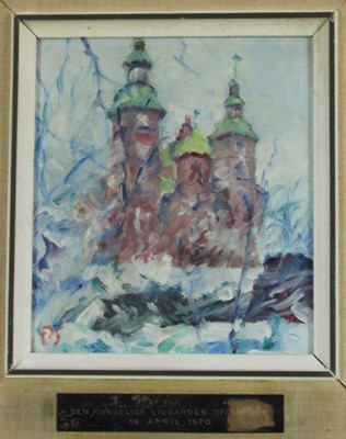 Lot 1167 - Per Sonne oil on board - view of Rosenborg in winter initialled, signed adn dated 1970 verso, 17.5cm x 15cm, framed 
Provenance: Prince Georg Valdemar of Denmark