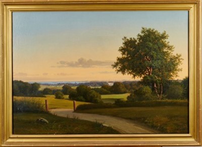 Lot 1168 - Peter Ølsted (1824-1887) oil on canvas - Danish summer landscape with a distant view of a mansion and the coast, signed, 53cm x 77cm, in gilt frame