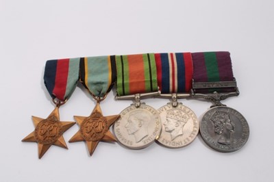 Lot 827 - Second World War and later Royal Air Force (R.A.F.) medal group comprising 1939 - 1945 Star, Air Crew Europe Star, Defence and War medals, together with Elizabeth II General Service medal (pre 1962...