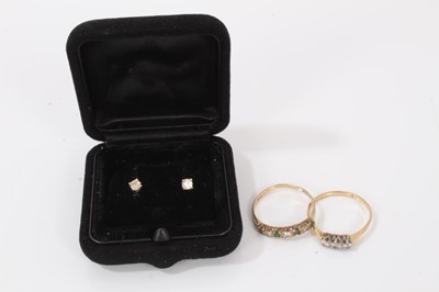 Lot 123 - Diamond three stone ring, 9ct gold emerald and diamond seven stone ring and pair diamond stud earrings