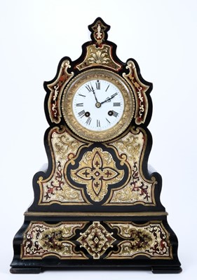 Lot 707 - Mid 19th century French ebonised and brass inlaid mantel clock of shaped form