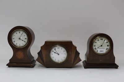 Lot 2501 - Inlaid Edwardian balloon clock with convex glass and dial, inlaid Edwardian mantel clock with convex glass and dial, Art Deco mantel clock with convex glass and dial