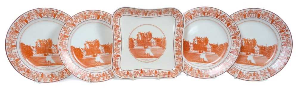 Lot 67 - Rare Early 20th century Wedgwood Etruria creamware dessert ware printed in brick red with view of Glamis Castle entitled 'Chateau De Glames en Ecosse' within vine borders comprising 16 plates, 2...