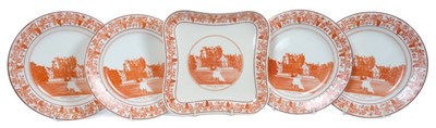 Lot 67 - Rare Early 20th century Wedgwood Etruria creamware dessert ware printed in brick red with view of Glamis Castle entitled 'Chateau De Glames en Ecosse' within vine borders comprising 16 plates, 2...