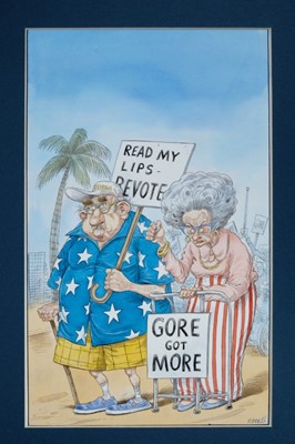 Lot 1069 - Chris Riddell (b 1962) pen and ink and watercolour - Read my lips, Revote, Gore got more, 33 x 20cm