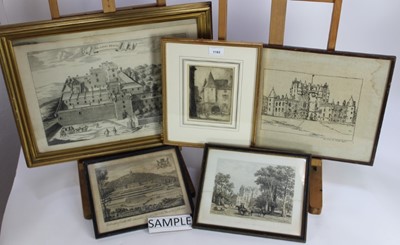 Lot 1182 - Group of 18th and 19th century engravings to include views of Glamis and Shugborough Hall, Classical scenes, Percy Lancaster signed etching and others, framed and glazed (16)