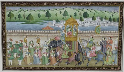 Lot 1183 - Good quality Indo-Persian gouache processional scene, 18.5cm x 31cm, together with another painting on pith depicting birds on branchs, 16.5cm x 24cm, both in glazed gilt frames (2)