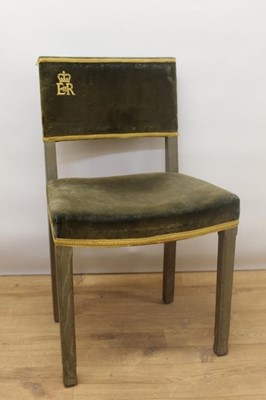 Lot 76 - The Coronation of H.M. Queen Elizabeth II 1953, pair Coronation chairs with blue velvet upholstery and gold bullion embroidered Crowned ER II ciphers to backs, limed oak frames with official stamps...