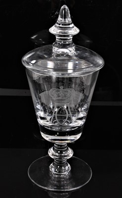 Lot 80 - T.H. Prince Georg and Princess Anne of Denmark - fine glass chalice and cover with finely engraved crowned GA cipher and etchedcountry house scene 30cm high