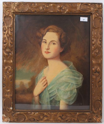 Lot 81 - Harry Clifford Pilspury (1870-1925), oil on canvas portrait of Anne Bowes-Lyon