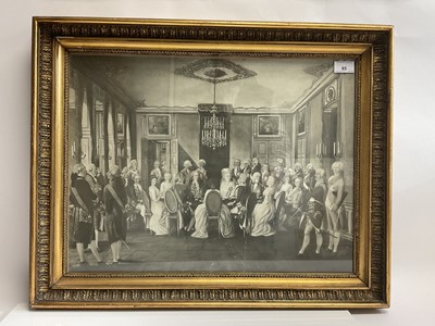 Lot 85 - The Danish Royal Family - print of the 18th century Danish Court in glazed frame with key to the portraits on the reverse - 52 x 65cm overall- Provenance: H.H. Prince Georg of Denmark