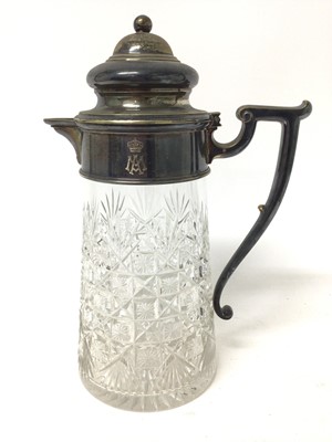 Lot 400 - Good quality cut glass and silver-plated lemonade jug with scrolled handle, 29cm high