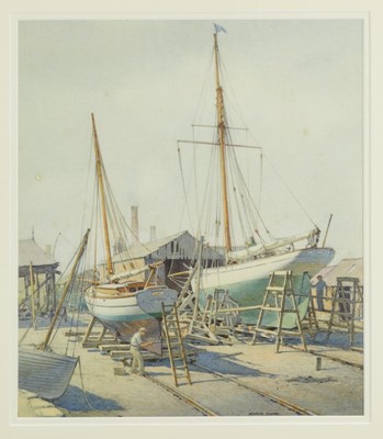 Lot 1256 - Maurice Clarke, mid 20th century, watercolour - Yachts on the Slips, signed, titled verso, 37cm x 32cm, in glazed gilt frame  
Exhibited: Royal Academy 1940