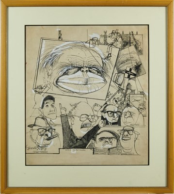 Lot 1077 - *Gerald Scarf (b.1936) pen, ink and watercolour - Caricature Studies, signed, 54cm x 48cm, in glazed frame  
Provenance: Chris Beetles Ltd., London. Bonhams 14th October 2003