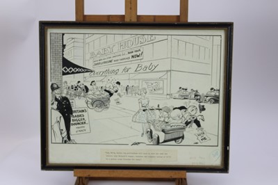 Lot 1082 - Joseph Lee (1901-1974) pen and ink cartoon - "...Britain's bigger, bouncier and brawnier babies...", signed, titled, 36cm x 46cm, in glazed frame