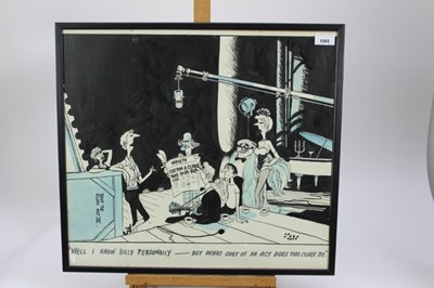 Lot 1085 - Jak, Raymond Allen Jackson (1927-1997) pen, ink and wash cartoon - "Well I know Billy personally - but what sort of an act does this Clore do", signed and titled, 48cm x 53cm, in glazed frame
