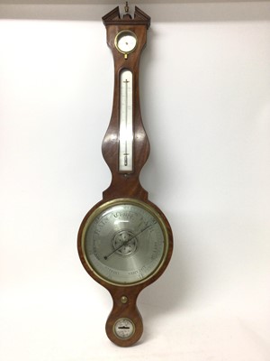 Lot 709 - 19th century banjo-shaped barometer thermometer with silvered dials in mahogany case 108 cm high