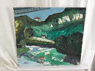 Lot 91 - *John Hanbury Pawle (1915-2010) oil on board- ‘The Bridge Over The Lot’, Garonne, signed titled verso and dated ‘93