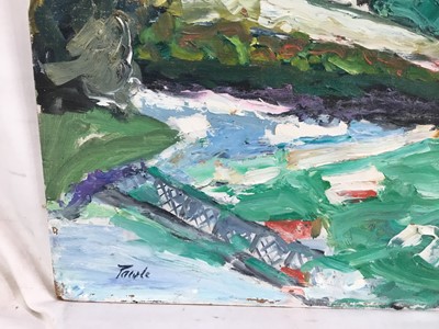 Lot 91 - *John Hanbury Pawle (1915-2010) oil on board- ‘The Bridge Over The Lot’, Garonne, signed titled verso and dated ‘93