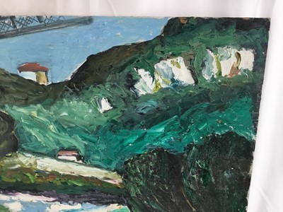 Lot 91 - *John Hanbury Pawle (1915-2010) oil on board- ‘The Bridge Over The Lot’, Garonne, signed titled verso and dated ‘93